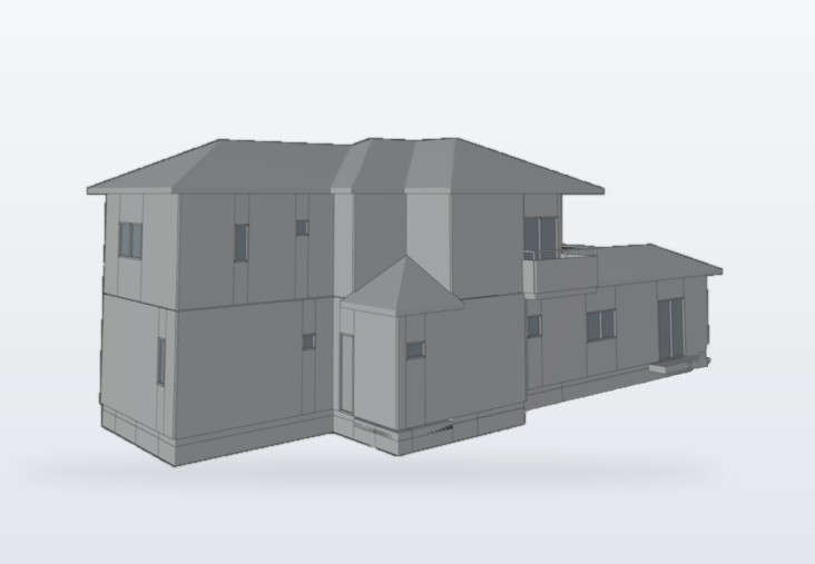 図面をもとに立ち上げた2階建て住宅の3Dモデル（形状確認用）