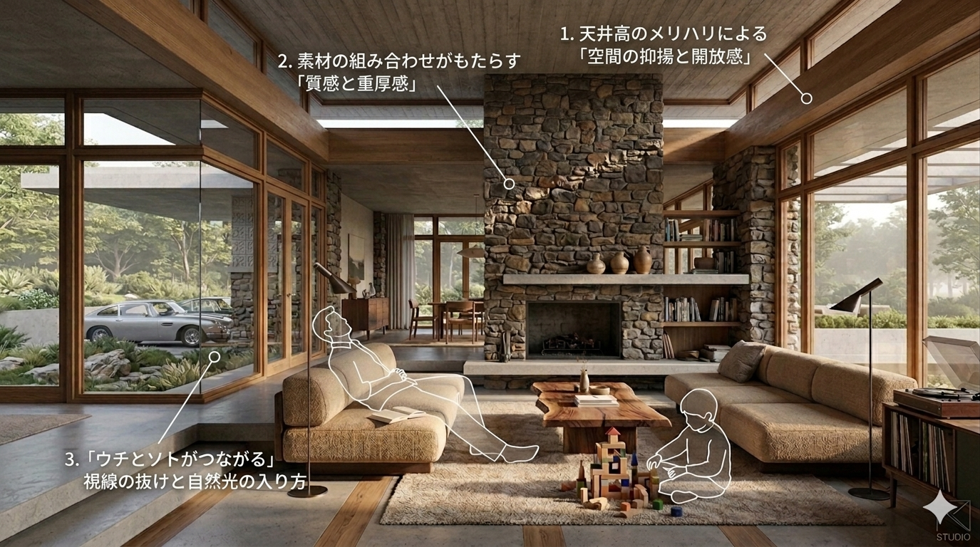 石積み暖炉壁を中心としたモダンLDKの内観パース。天井高のメリハリ、大開口からの自然光、設計意図の注釈付き