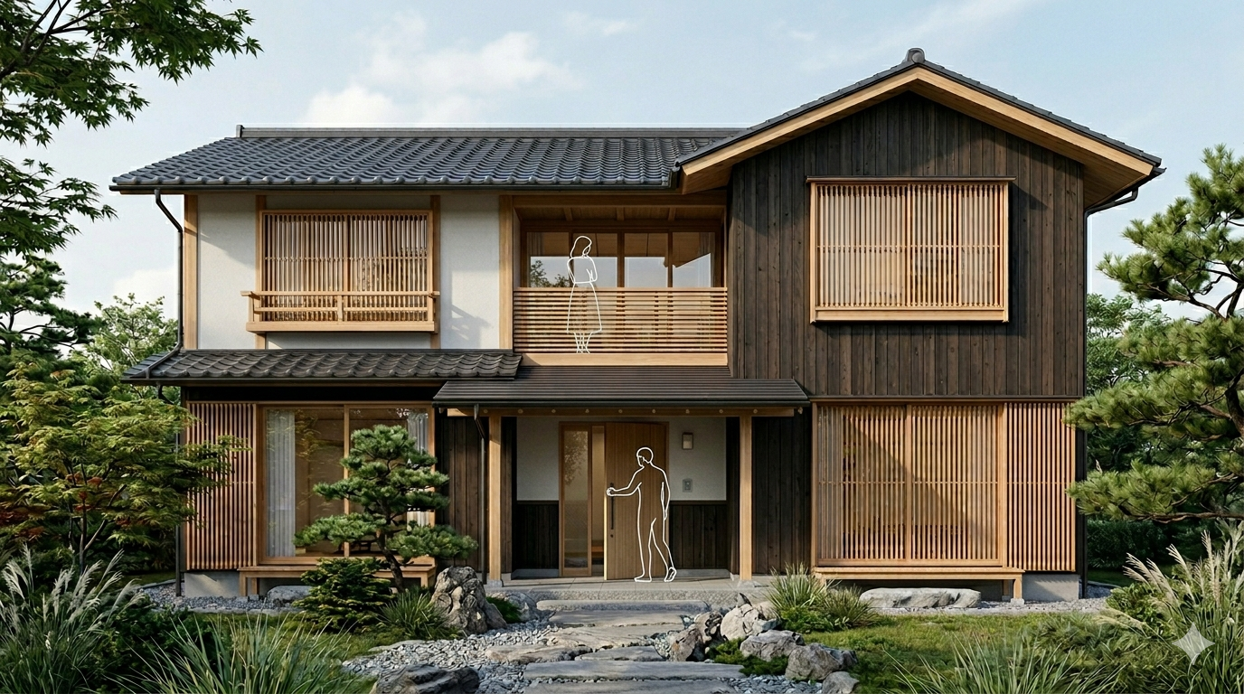 格子と焼杉を活かした和風木造2階建て住宅の外観パース。石畳のアプローチと松の庭園