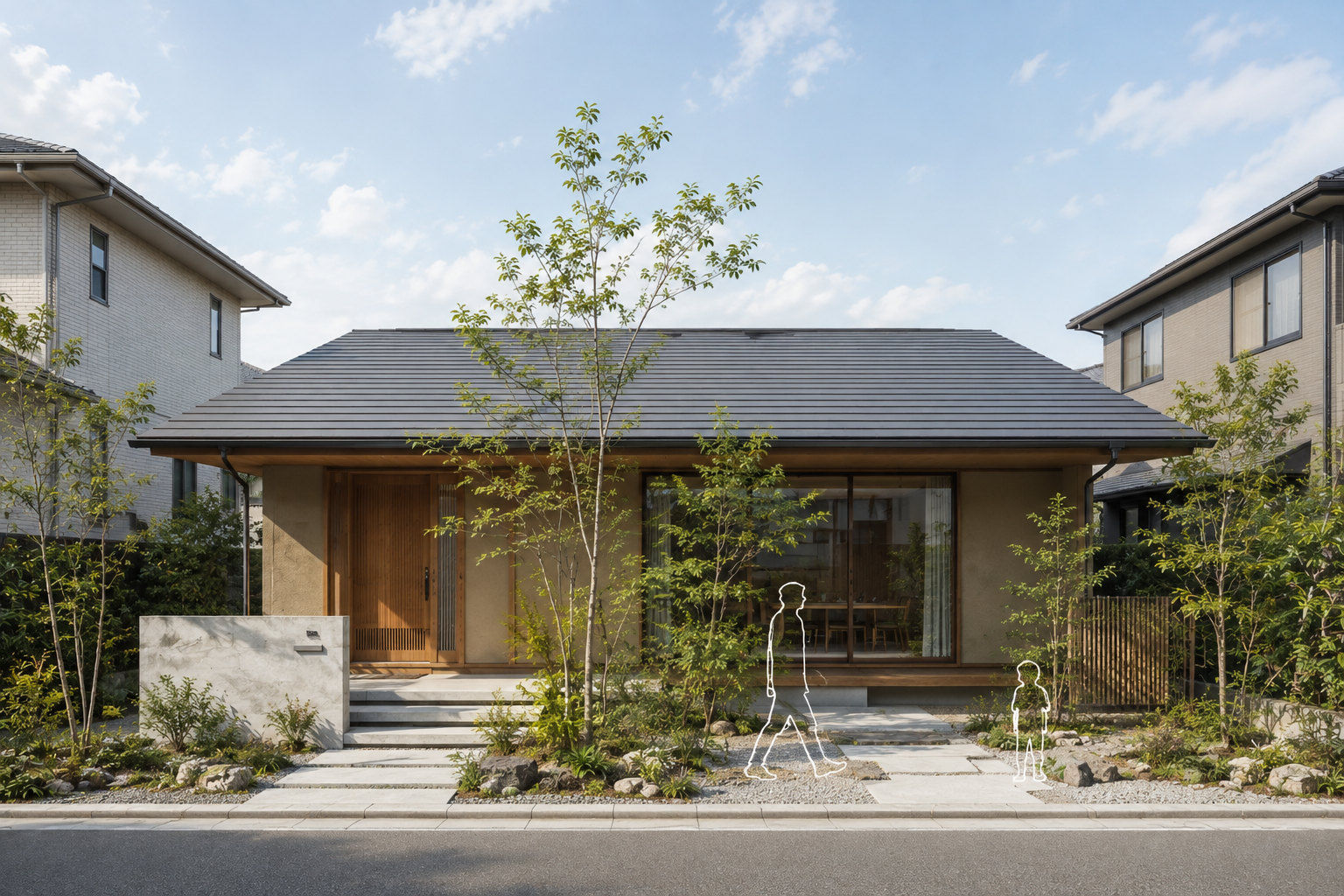 和風木造平屋住宅の日中フォトリアルパース。門・植栽・瓦屋根の質感を表現し、白線シルエットの人物添景でスケール感を表現