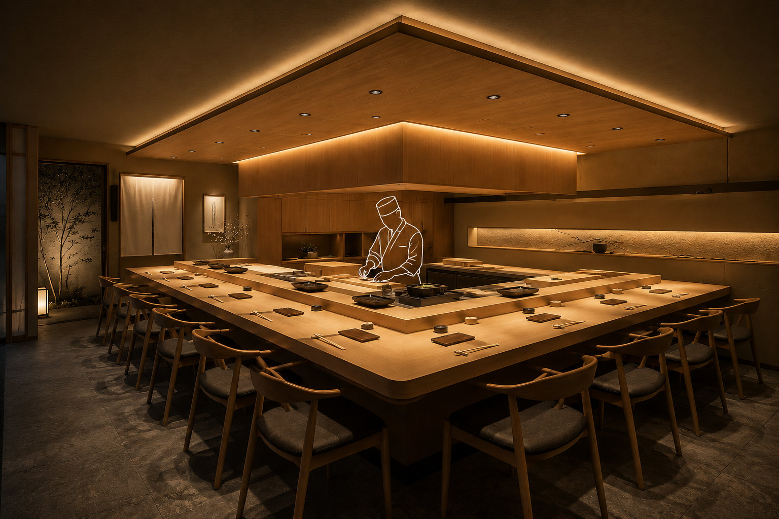 和食カウンター店舗の夜景フォトリアルパース。木材の質感と間接照明を表現し、白線シルエットの人物添景でスケール感を表現